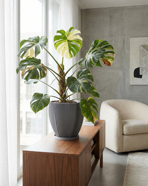 A gray planter pot with a textured, swirling design sits next to a light gray sofa with pillows and a throw blanket. A green plant is in the pot.