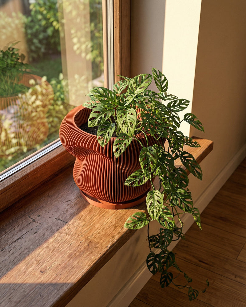 A vibrant green palm plant sits in a modern, orange-toned, vertically-striped planter pot on a wooden floor against a matching orange wall.