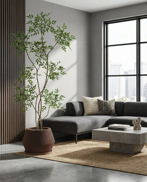 A green pothos plant sits in a brown, vertically-striped planter pot on a concrete table. The pot has a matching saucer. The background features a bright, modern living room with sheer curtains, a gray sofa, and a built-in bookshelf.