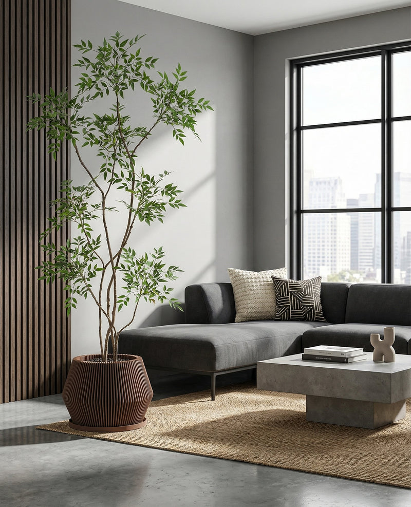 A green pothos plant sits in a brown, vertically-striped planter pot on a concrete table. The pot has a matching saucer. The background features a bright, modern living room with sheer curtains, a gray sofa, and a built-in bookshelf.