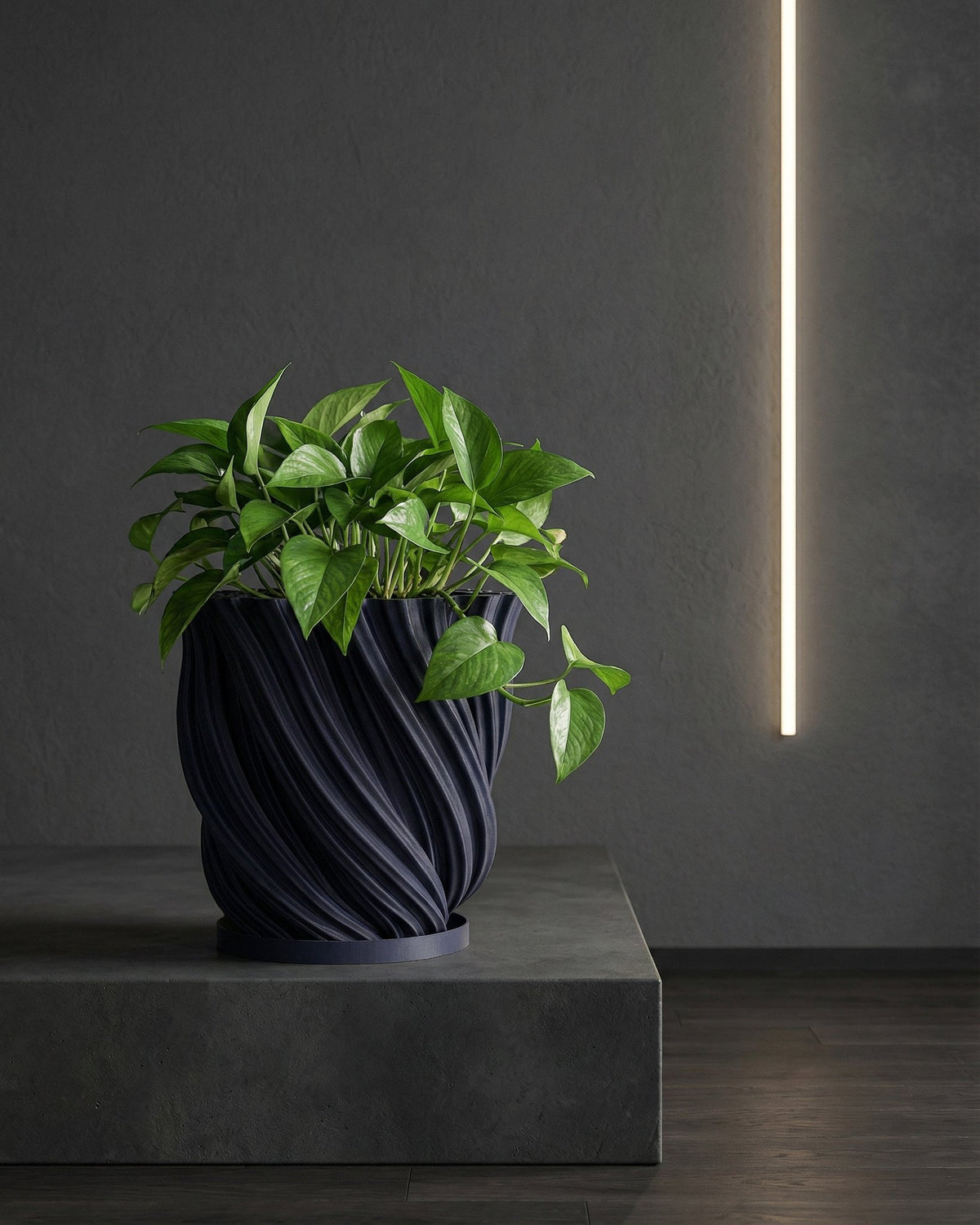 A dark blue planter pot with a textured, swirling design sits on a wooden cabinet, holding a green plant with round leaves.