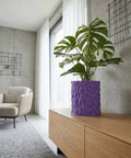 A purple planter pot with a Monstera plant sits on a wooden cabinet in a modern living room.