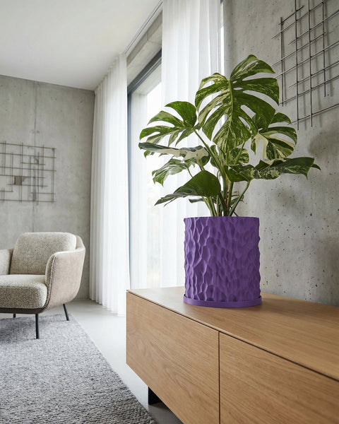 A purple planter pot with a Monstera plant sits on a wooden cabinet in a modern living room.