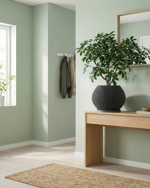A planter pot with a plant on a wooden table, with a gray couch and curtains in the background. The planter pot is black with vertical lines.