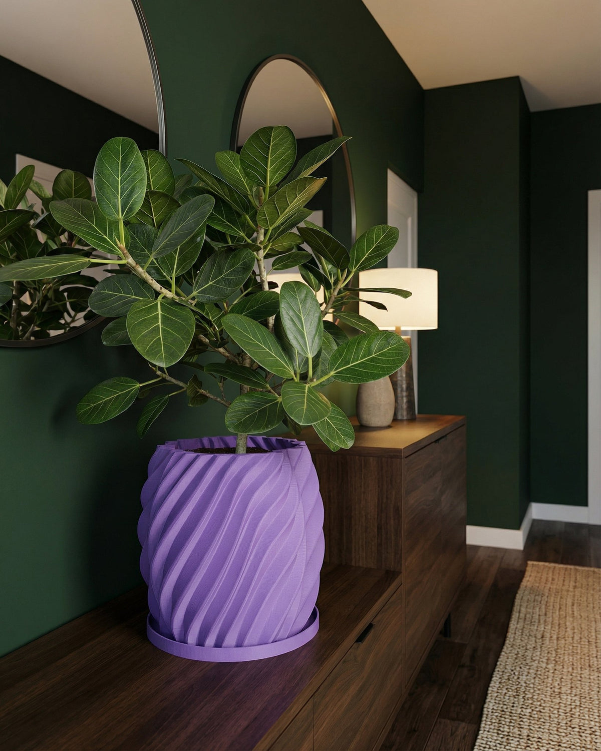 A purple planter pot with a green plant inside sits on a wooden cabinet in a room with dark green walls.