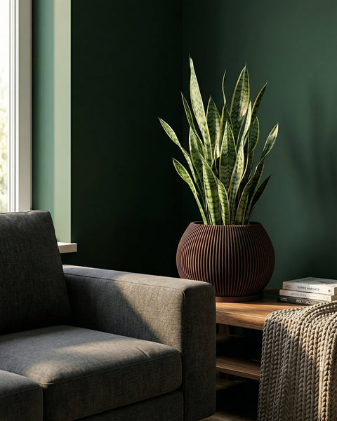 A snake plant in a brown, vertically-striped planter pot sits on a wooden table next to a gray couch.