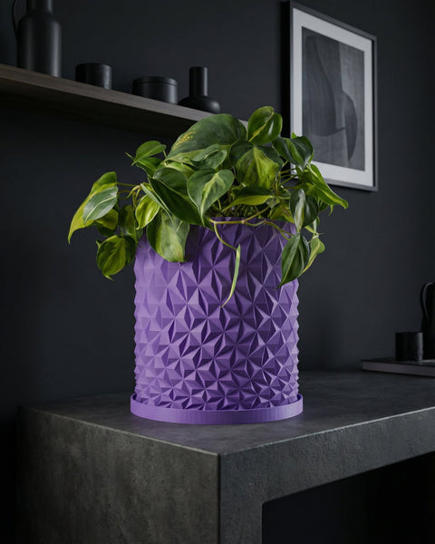 A purple planter pot with a geometric design sits on a gray surface, holding a green plant. A shelf and framed art are in the background.