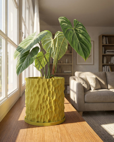 A vibrant yellow planter pot with a unique textured surface, holding a lush green plant, sits on a wooden surface near a sunlit window.