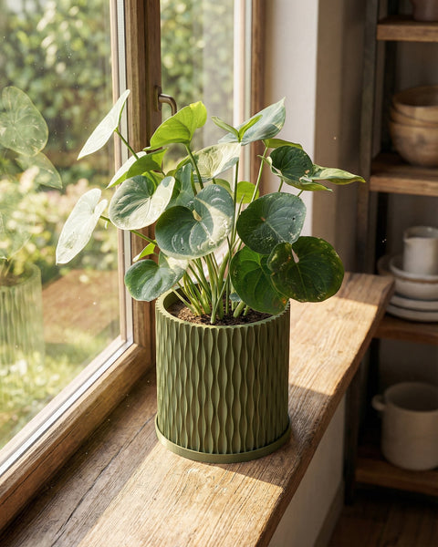 A green planter pot with a houseplant sitting on a windowsill.