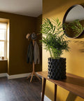 A black planter pot with a plant sits on a wooden table in a room with a mirror and coat rack.