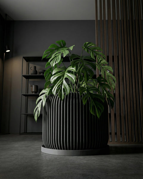 A gray planter pot with a diamond pattern sits next to a gray couch in a room with dark wood floors and a burgundy wall.