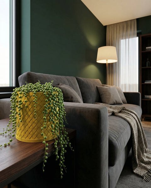 A yellow planter pot with a string of pearls plant sits on a wooden table next to a gray sofa.