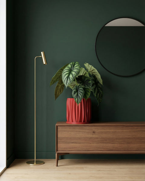 A red planter pot with a green plant sits on a wooden table next to a lamp. The pot has a textured design.