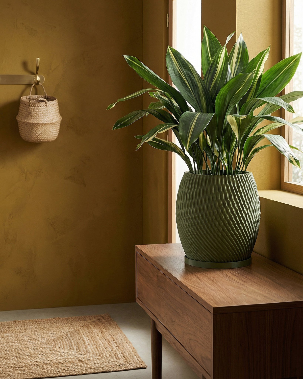 A green planter pot with a plant sits on a wooden table in a room with a rug and a basket hanging on the wall.