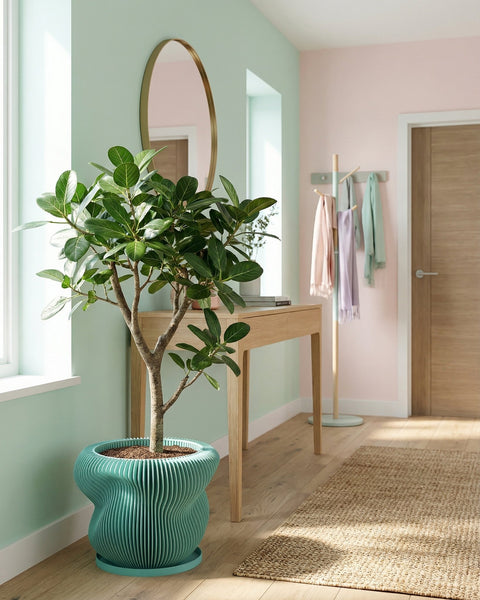 A green planter pot with a plant in it sits on a white windowsill next to a window.