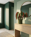 A green planter pot with a plant on a wooden table, with a mirror on the wall behind it. The room is painted in shades of green.