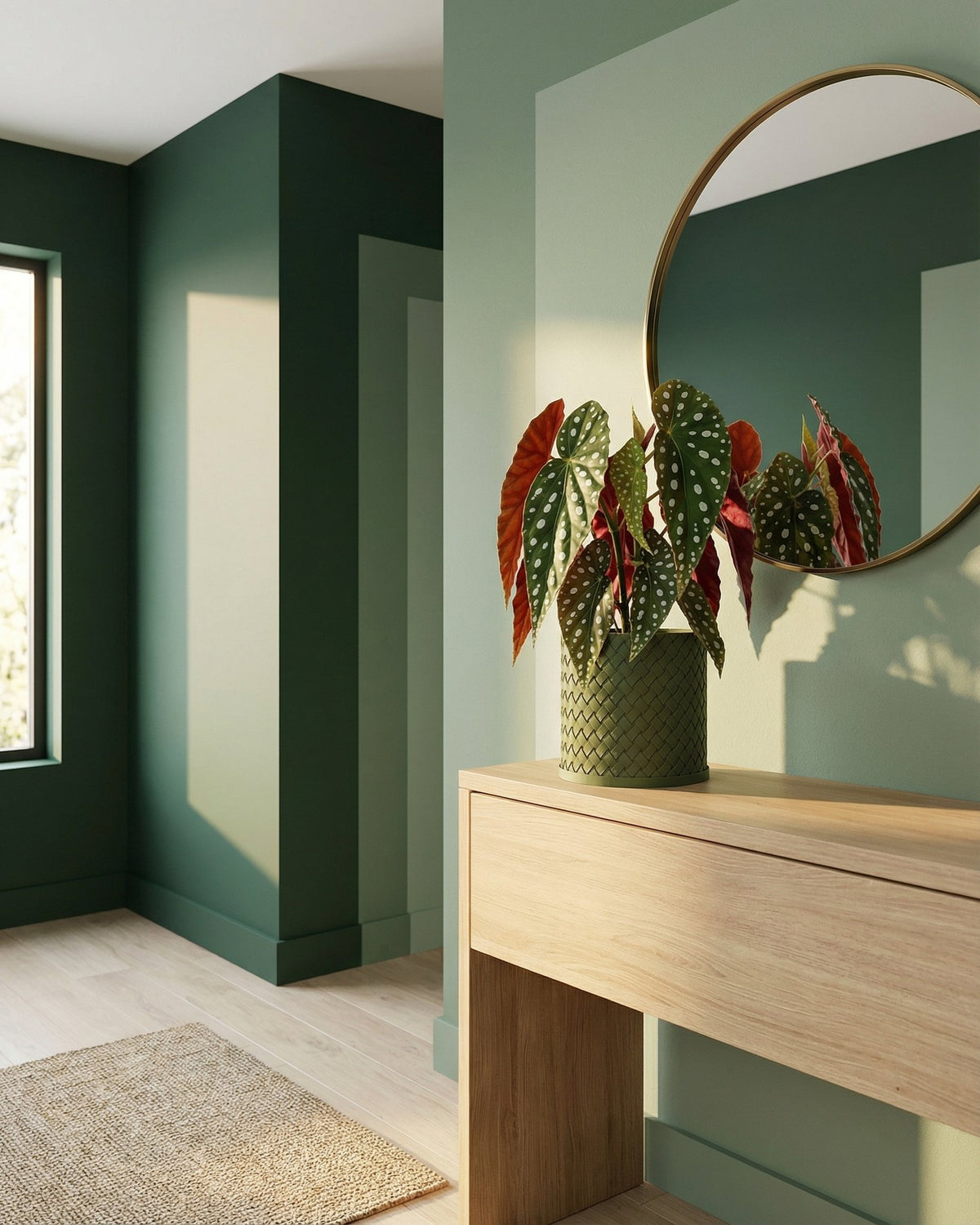 A green planter pot with a plant on a wooden table, with a mirror on the wall behind it. The room is painted in shades of green.