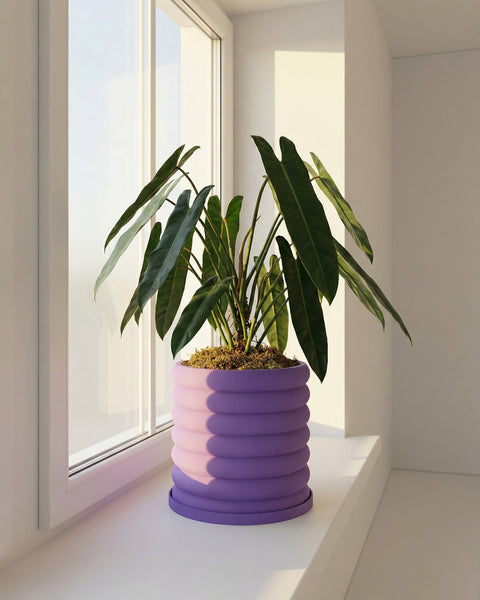 A purple planter pot with a plant inside sits on a white windowsill in front of a window.