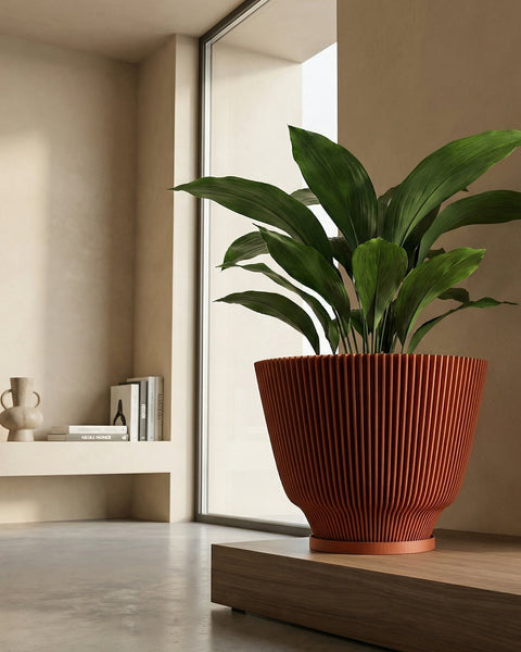 A close-up shot showcases a vibrant green plant nestled in a terracotta-colored planter pot. The pot features a unique vertical ribbed design, adding texture and visual interest. The plant and pot are placed on a wooden surface, with a large window providing natural light in the background. A minimalist shelf with decorative objects is visible in the corner, complementing the modern interior design.