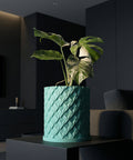 A light blue planter with a woven texture, holding a lush green plant with round leaves, sits on a wooden side table next to a couch.