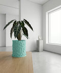 A turquoise planter pot with a plant sits on a wooden table in a bright, minimalist room. A white sculpture is on a gray pedestal near a window.