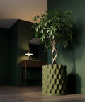 A green planter pot with a plant in it sits on a wooden floor in front of a green wall.