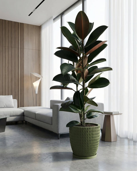A large rubber plant in a green woven planter pot sits in a modern living room with a gray sofa and white curtains.
