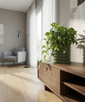 A green planter pot with a plant sits on a wooden cabinet in a living room with a gray armchair and floor lamp.