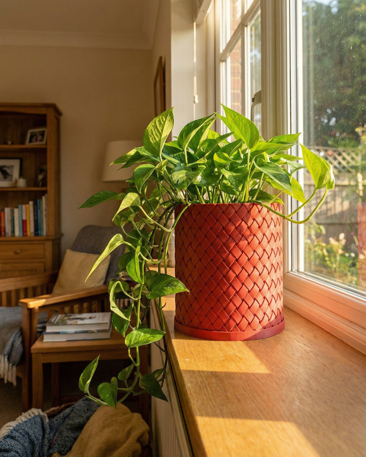 A vibrant green pothos plant spills from a red woven planter pot on a sunlit windowsill.