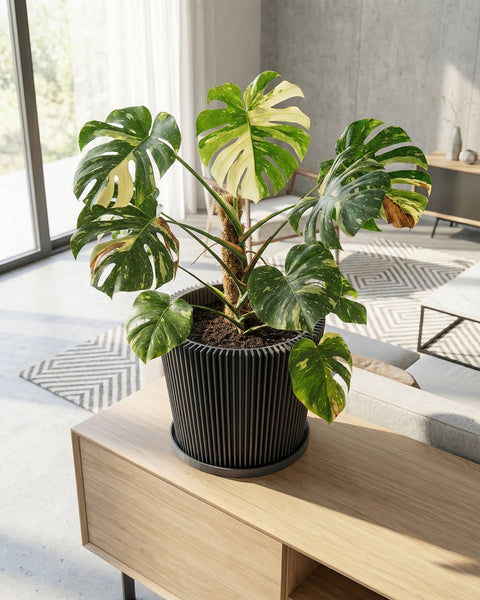 A gray planter pot with a diamond pattern sits atop a wooden console table in a stylish entryway. The pot is filled with a lush green plant.