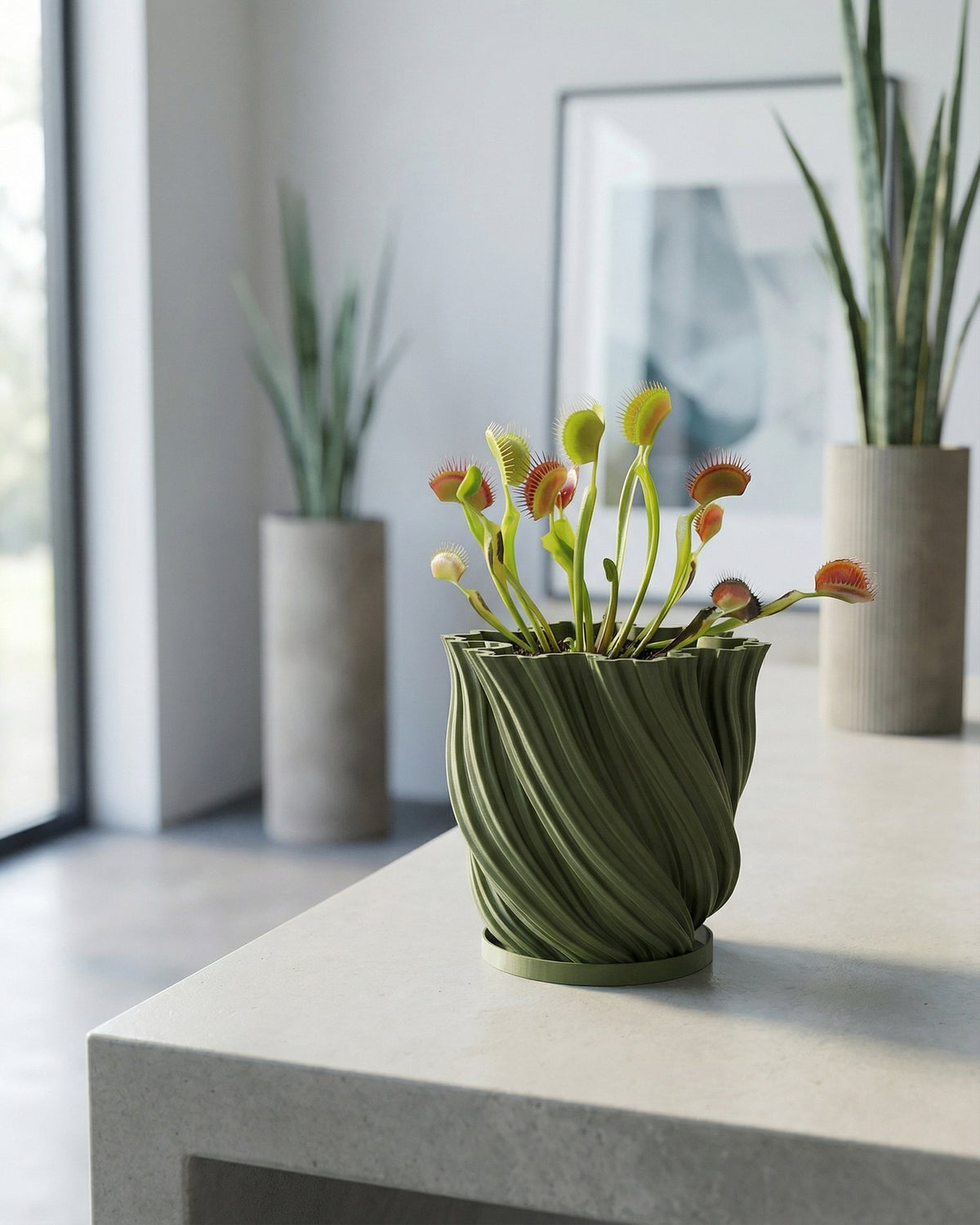 A green planter pot with a houseplant sitting on a windowsill.