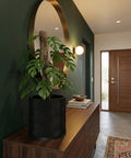 A black planter pot with a wavy design sits on a wooden cabinet, with a green plant inside. A round mirror and a doorway are in the background.