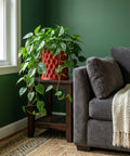 A vibrant green philodendron cascades from a red, textured planter pot atop a dark wood side table next to a gray couch.