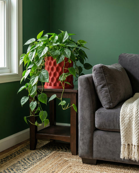 A vibrant green philodendron cascades from a red, textured planter pot atop a dark wood side table next to a gray couch.