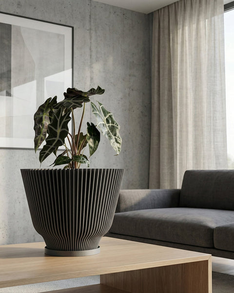A planter pot with a plant on a wooden table, with a gray couch and curtains in the background. The planter pot is black with vertical lines.