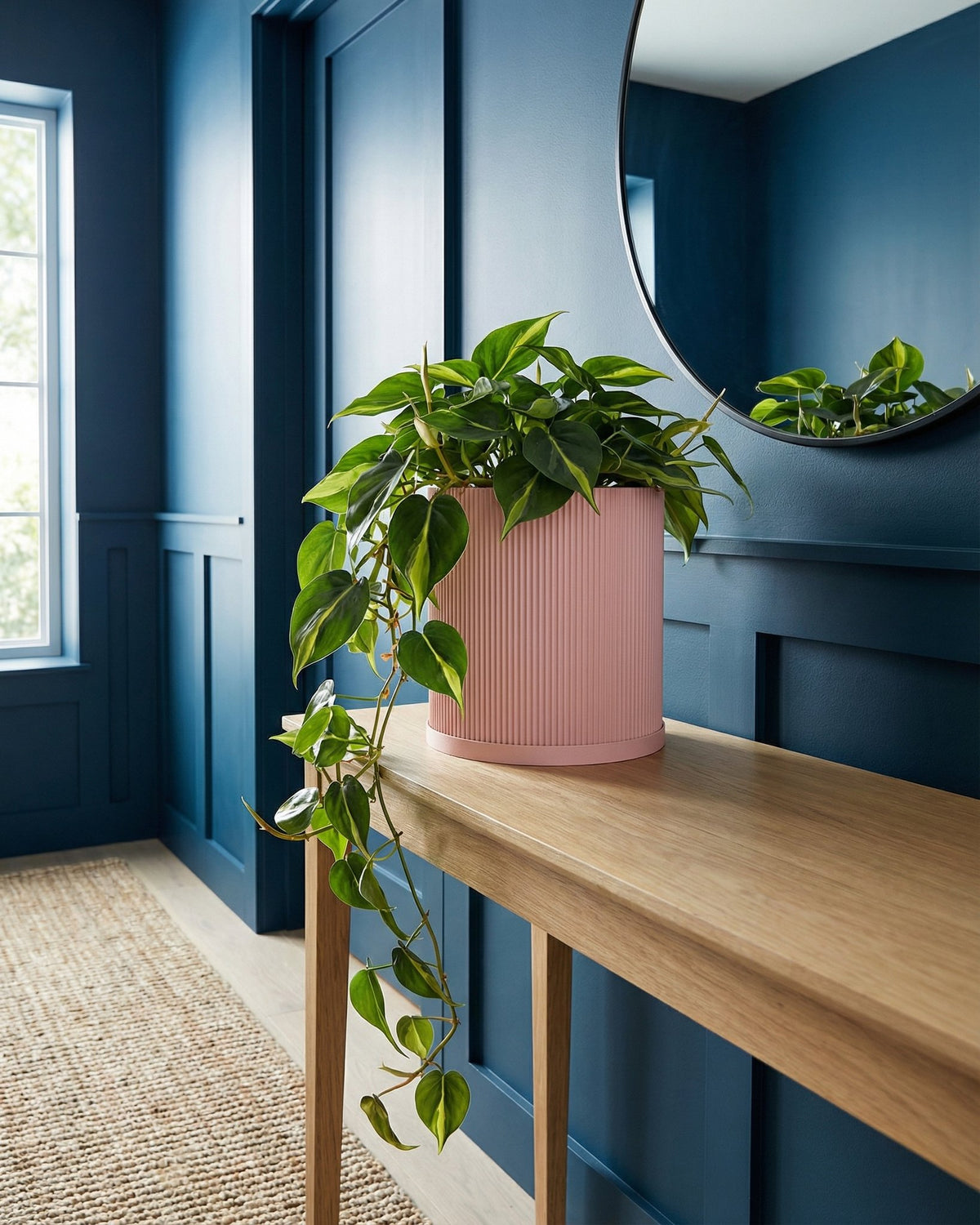 A pink ribbed planter pot sits on a wooden table, filled with a vibrant green plant with trailing vines. A round mirror hangs above.