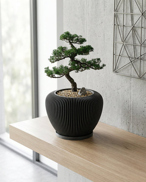 A bonsai tree in a black, vertically ribbed planter pot sits on a light wood shelf against a textured gray wall.