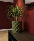 A green planter pot with a plant sits on a dark brown wooden shelf against a red wall with a round mirror.