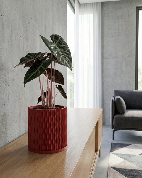 A red planter pot with a green plant sits on a wooden table next to a lamp. The pot has a textured design.