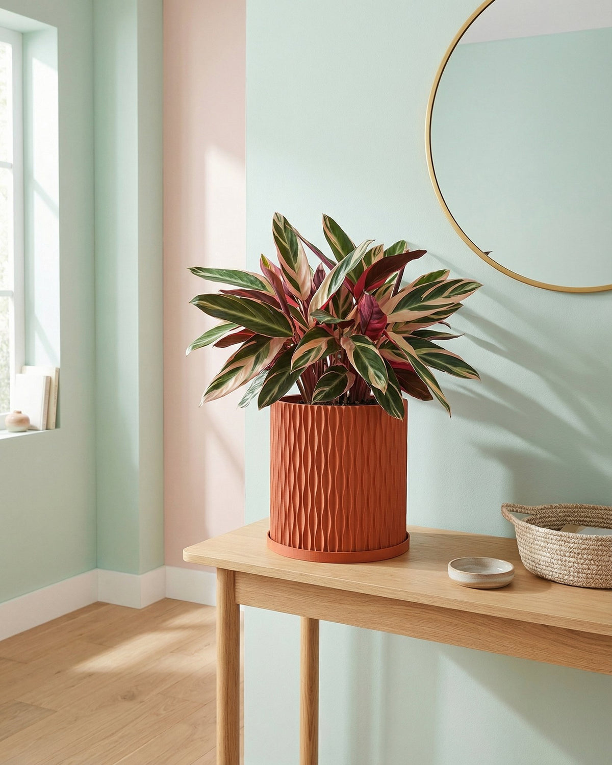 A vibrant pothos plant cascades from a textured terracotta planter, adding a touch of nature to a cozy living space.