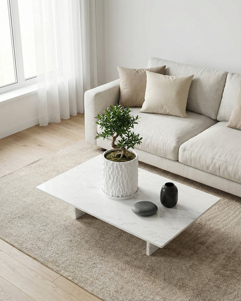 A white planter pot with a small tree sits on a marble coffee table in a bright living room.