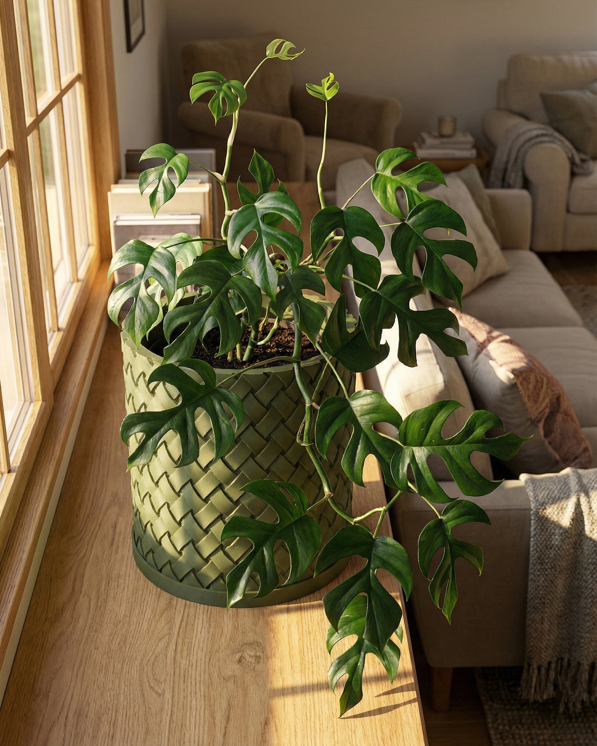A green Rhaphidophora tetrasperma plant in a green woven planter pot sits on a wooden surface near a window.