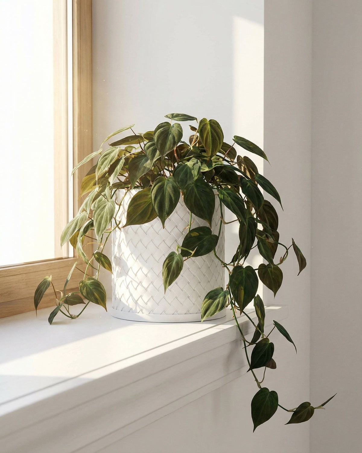 A green plant in a white woven planter pot sits on a white windowsill next to a window.