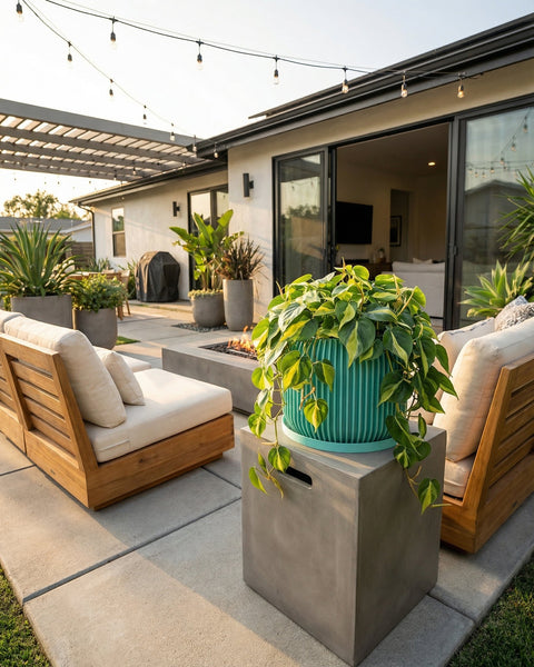 A Ficus Elastica plant in a light blue planter pot with a geometric pattern sits on a dark wood floor.