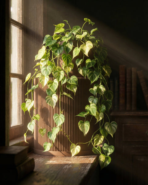 A planter pot with a heartleaf philodendron plant sits on a windowsill, bathed in sunlight. The pot is brown with vertical ridges.