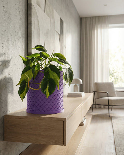 A purple woven planter pot sits on a light wood shelf, holding a green and yellow plant. The shelf is against a textured gray wall.