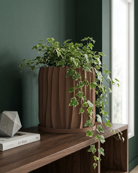 A Monstera plant sits in a brown, textured planter pot on a light wooden windowsill. The plant has green and white variegated leaves.