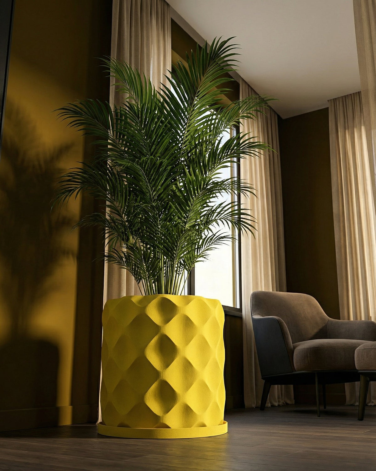 A vibrant yellow planter pot with a geometric pattern holds a lush green palm plant in a well-lit room.