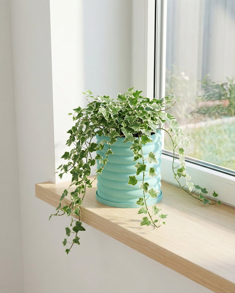 A light blue planter pot with a green ivy plant sits on a wooden shelf in front of a window.