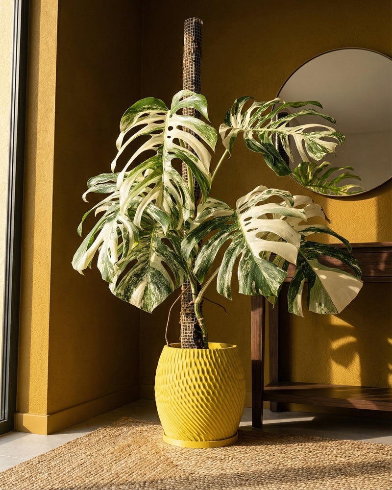 A Monstera plant with variegated leaves in a yellow textured planter pot sits on a jute rug.